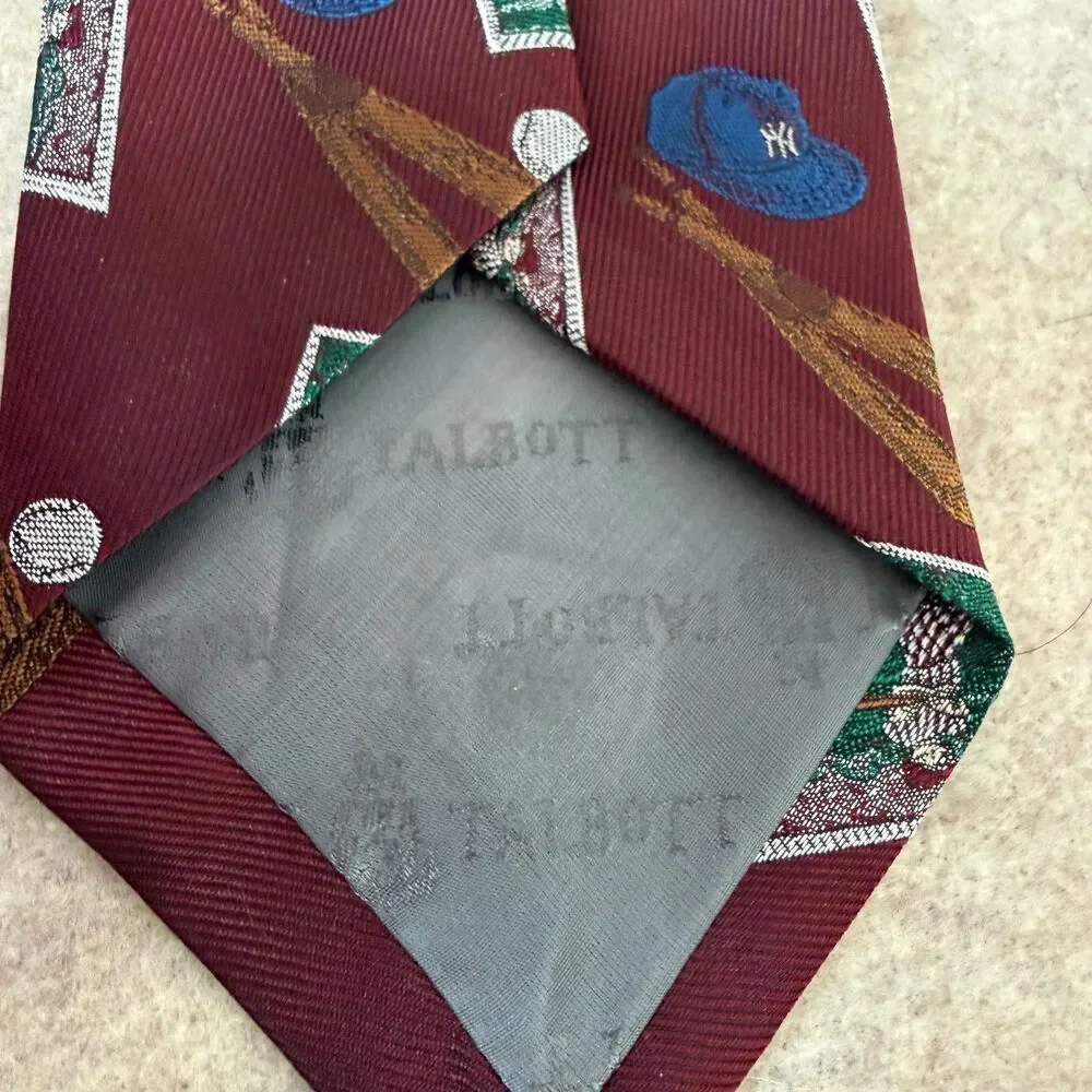 Vintage Robert Talbott silk necktie burgundy baseball novelty sports graphic USA